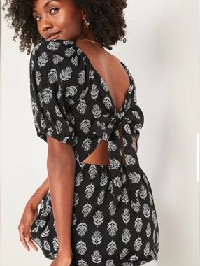 Old Navy 2X Black & White Boho Tie-Back Dress Puff Sleeves